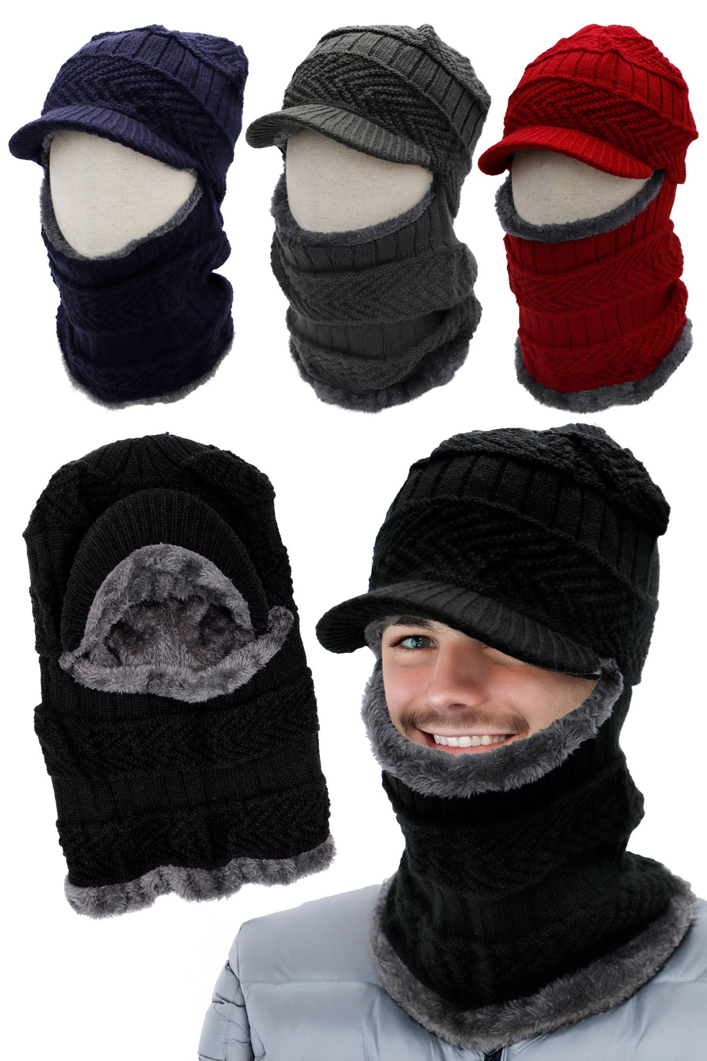 Chevron Knitted Curved Bill Balaclava with Fleece