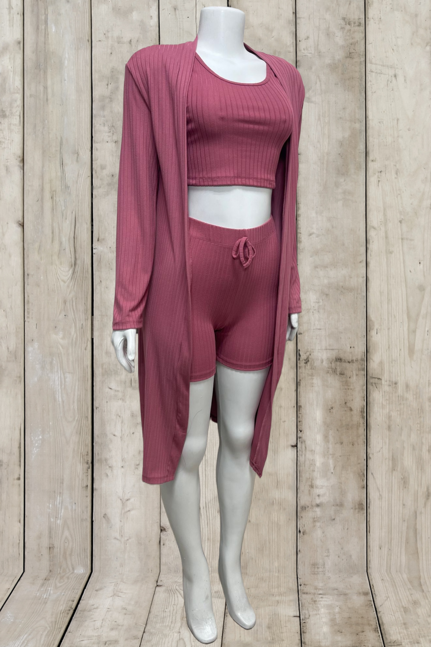Solid Ribbed Cardigan 3 Piece Set