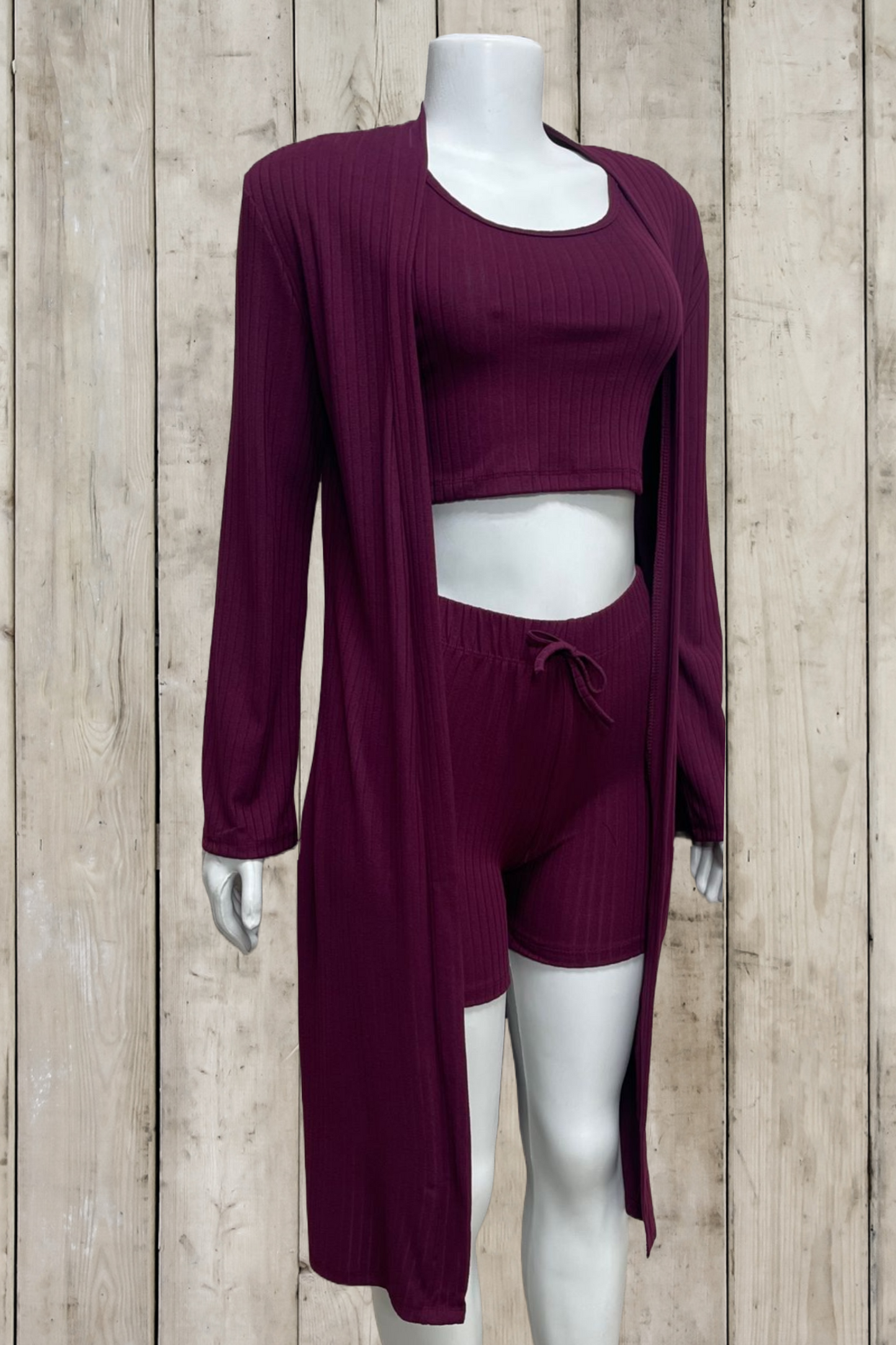 Solid Ribbed Cardigan 3 Piece Set