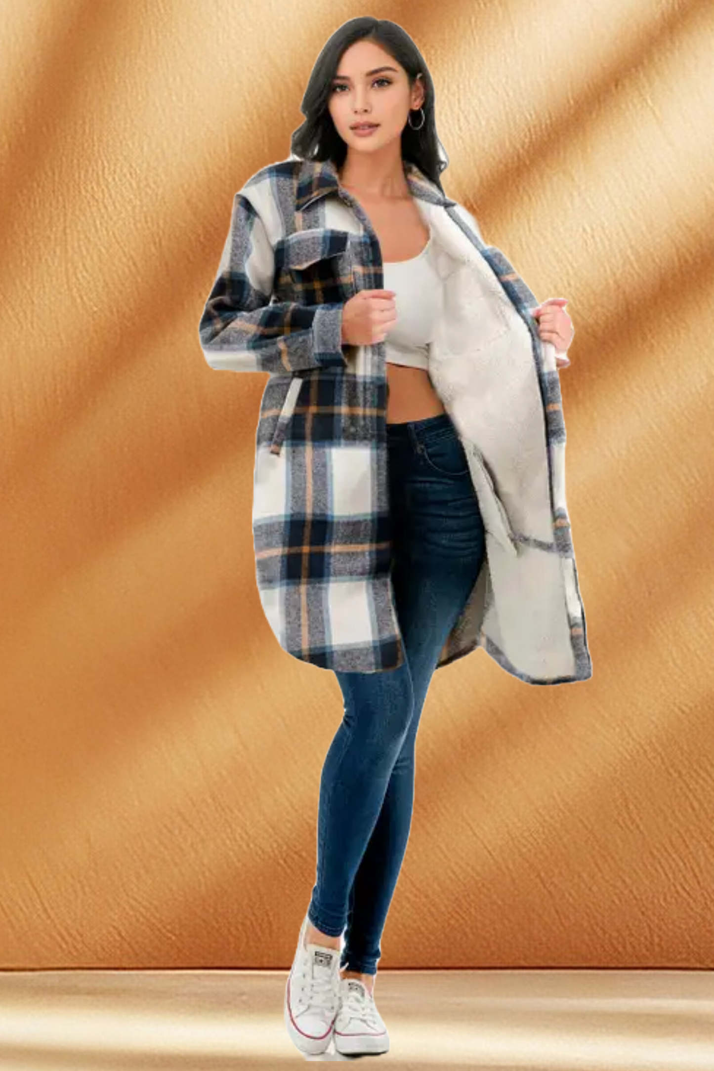 Women's Long Plaid/Flannel Jacket with Fleece