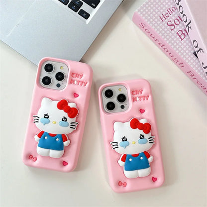 Kawaii 3D Cartoon Cry Hello Kitty Telescopic Bracket Soft Silicone Phone Case For iPhone