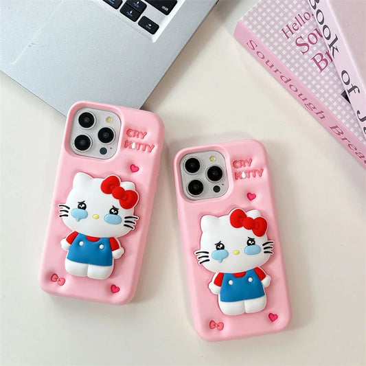 Kawaii 3D Cartoon Cry Hello Kitty Telescopic Bracket Soft Silicone Phone Case For iPhone