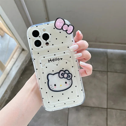 Korean Polka Dot Hello Kitty Bowknot Card Slot Bag Holder Phone Case For iPhone