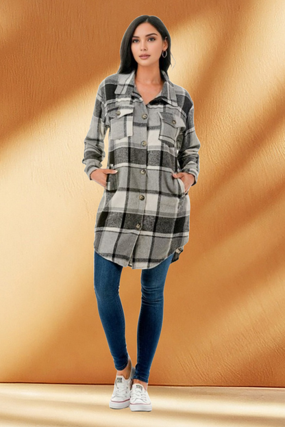 Women's Long Plaid Flannel Jacket with Fleece