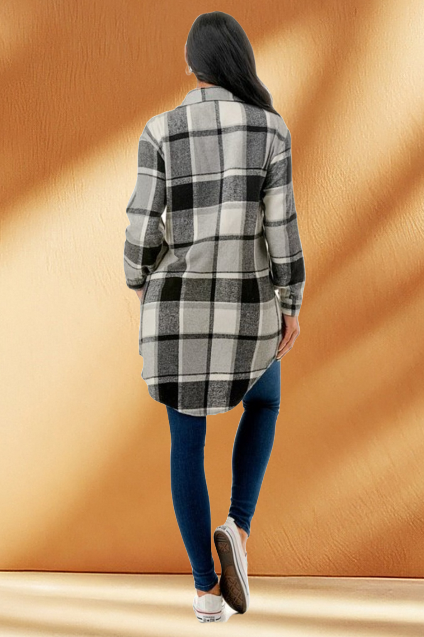 Women's Long Plaid Flannel Jacket with Fleece