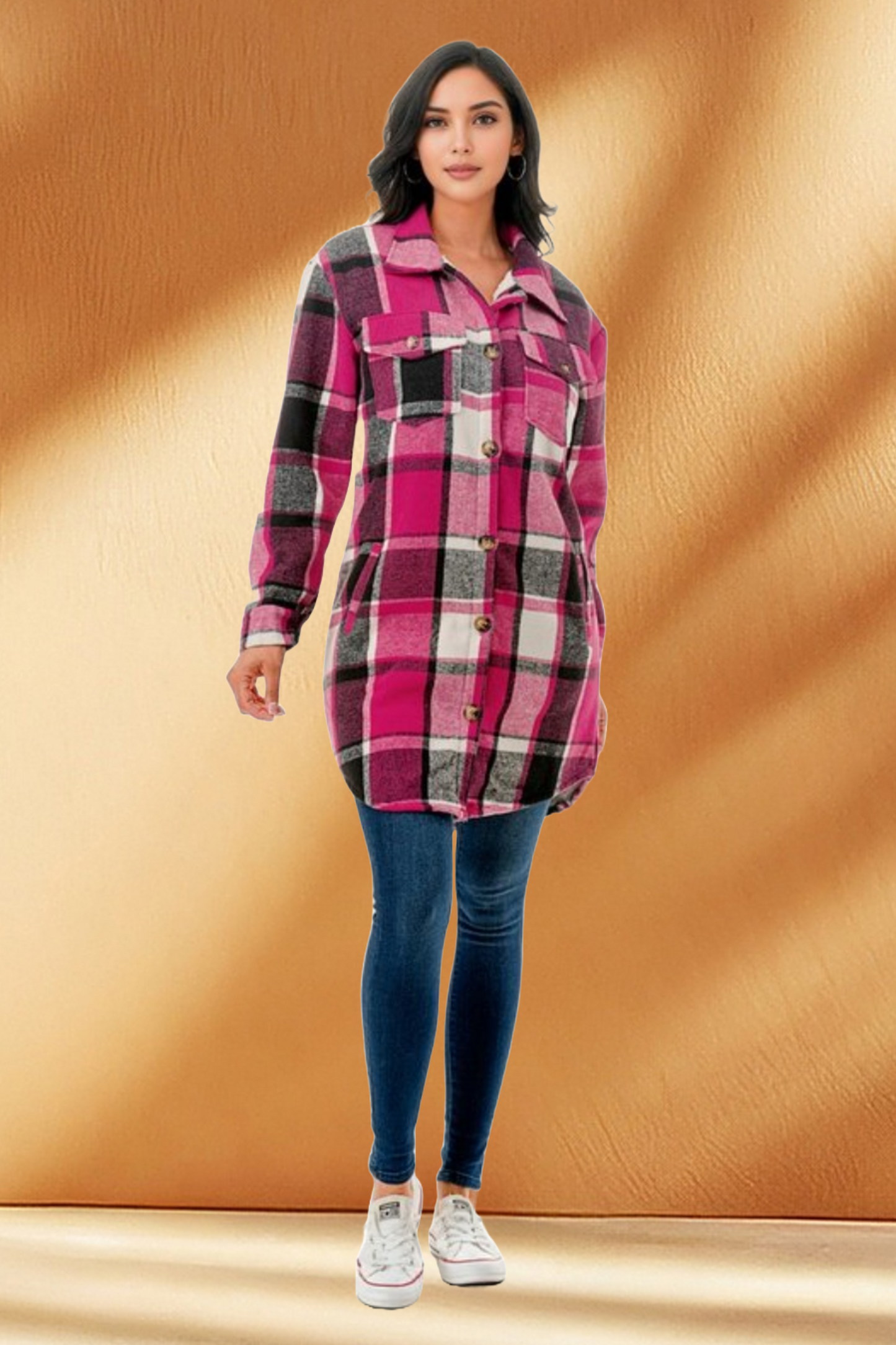 Women's Long Plaid Flannel Jacket with Fleece
