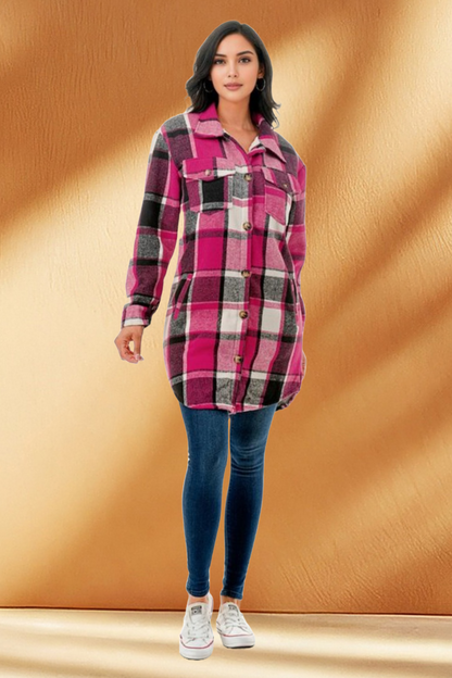 Women's Long Plaid Flannel Jacket with Fleece