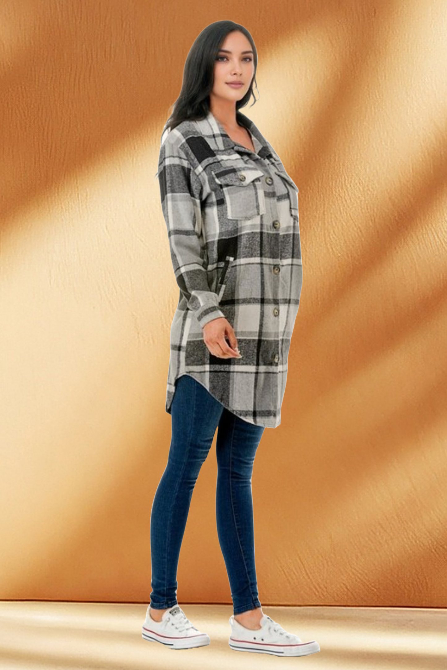 Women's Long Plaid Flannel Jacket with Fleece