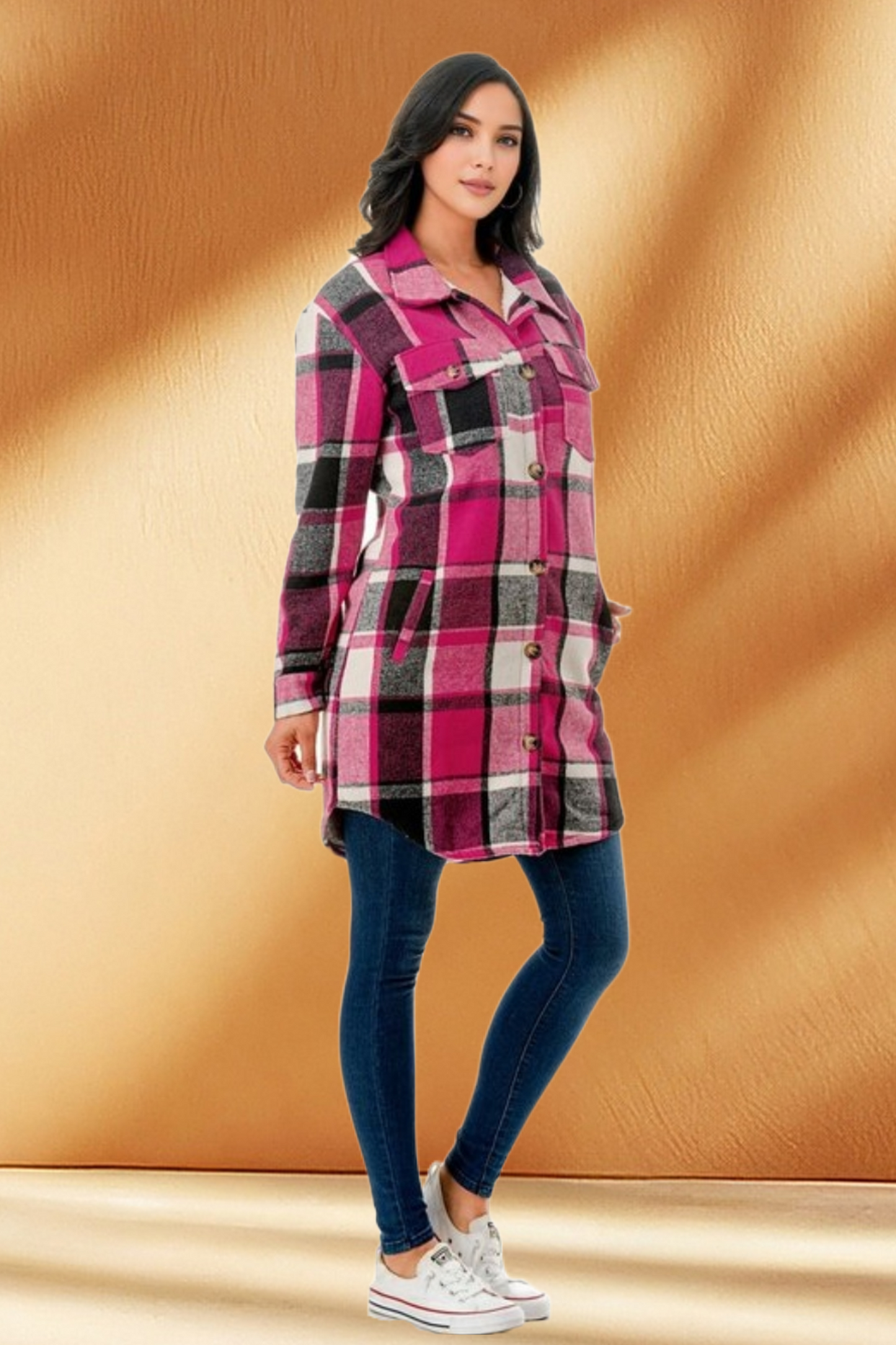 Women's Long Plaid Flannel Jacket with Fleece