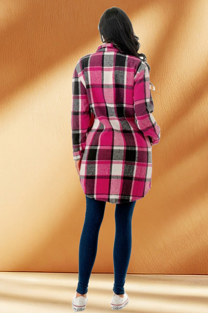 Women's Long Plaid Flannel Jacket with Fleece