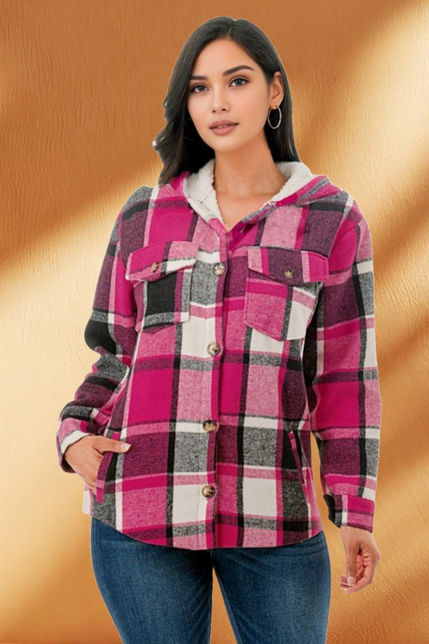 Women's Hooded Plaid/Flannel Jacket with Fleece