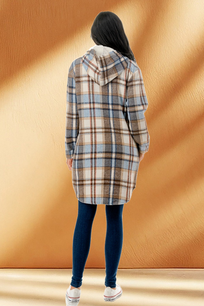 Women's Hooded Long Plaid Coat Jacket with Fleece
