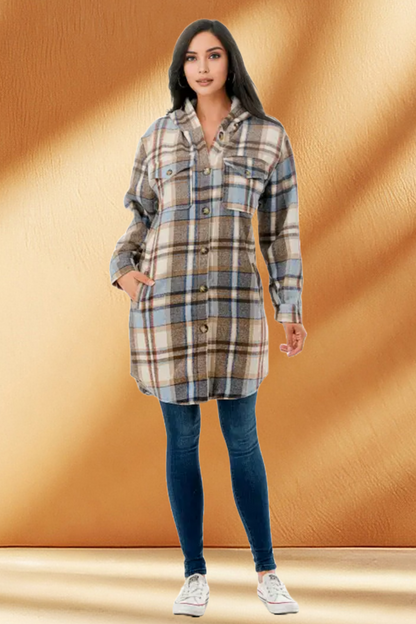 Women's Hooded Long Plaid Coat Jacket with Fleece