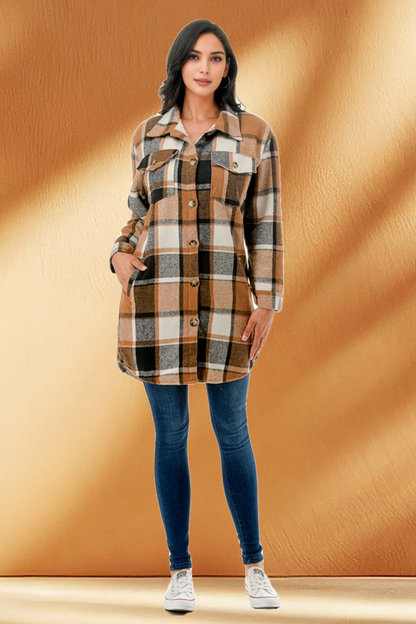 Women's Long Plaid Flannel Jacket with Fleece