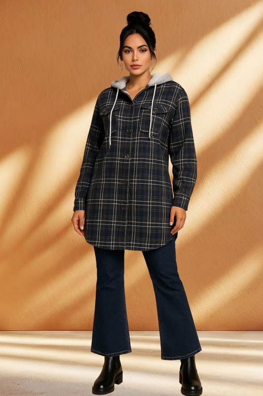 Women's Hooded Long Plaid Flannel Jacket with Fleece