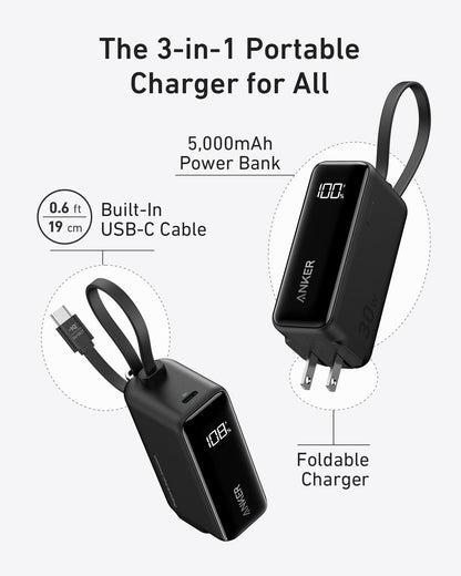 Anker Power Bank (30W, 5k,  Fusion, Built-In USB-C Cable)