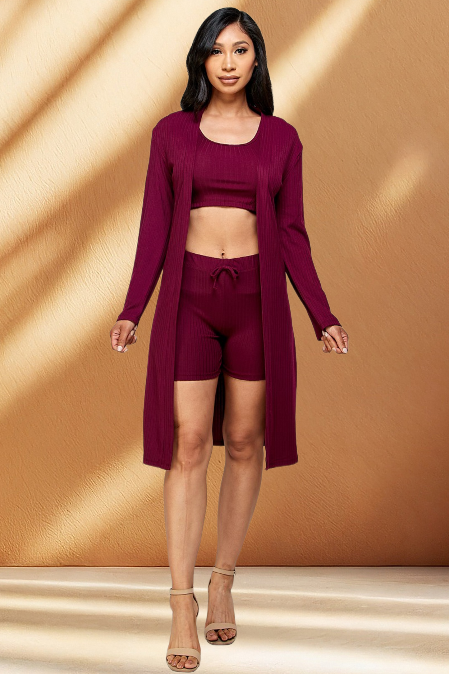 Solid Ribbed Cardigan 3 Piece Set