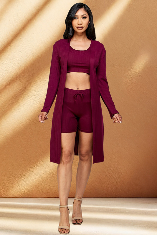 Solid Ribbed Cardigan 3 Piece Set