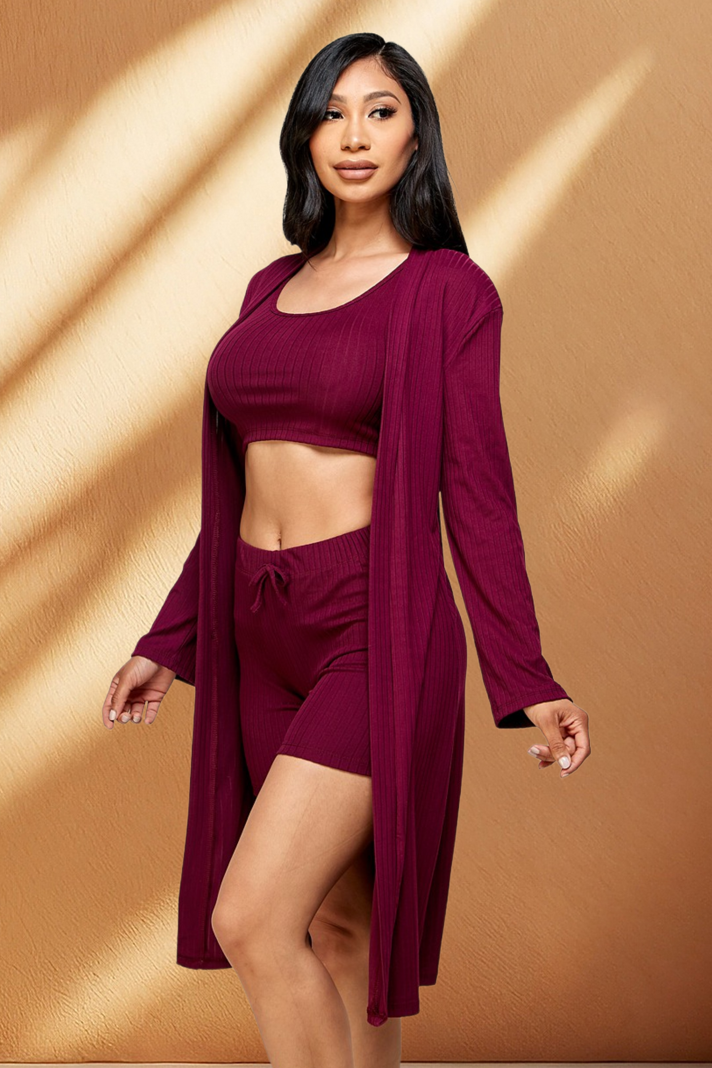 Solid Ribbed Cardigan 3 Piece Set